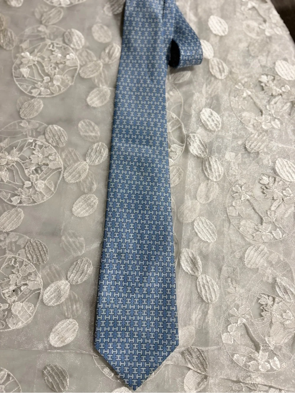 Hermes Light Blue Silk Tie with Geometric Interlocking Motif